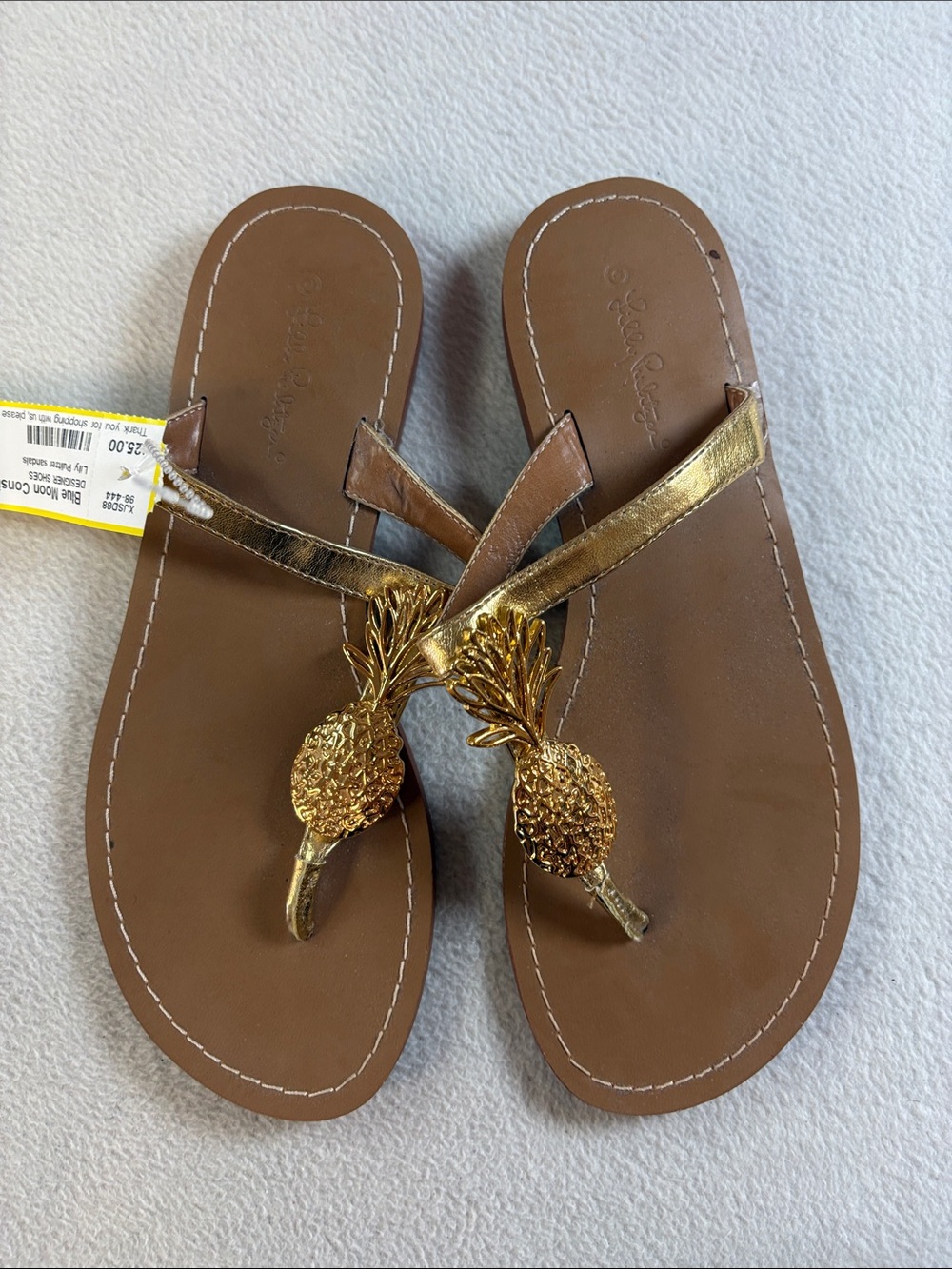 Lilly Pulitzer Gold Pineapple Thong Sandals on Brown Footbed